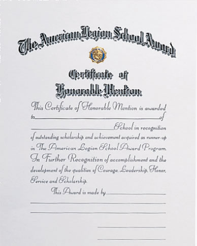 School Award Honorable Mention Certificate
