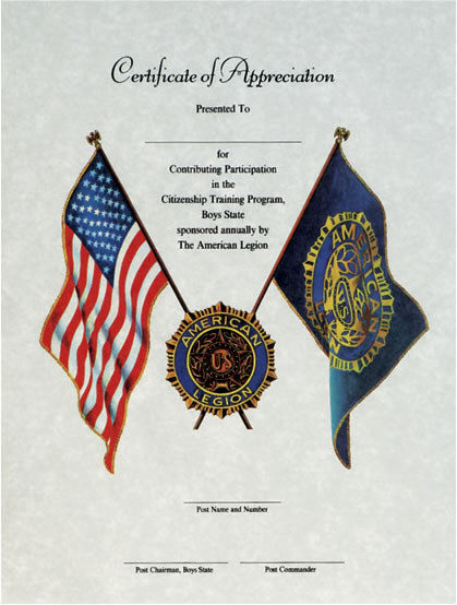 Boys State Certificate of Appreciation