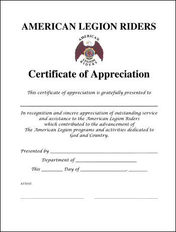Legion Riders Certificate of Appreciation